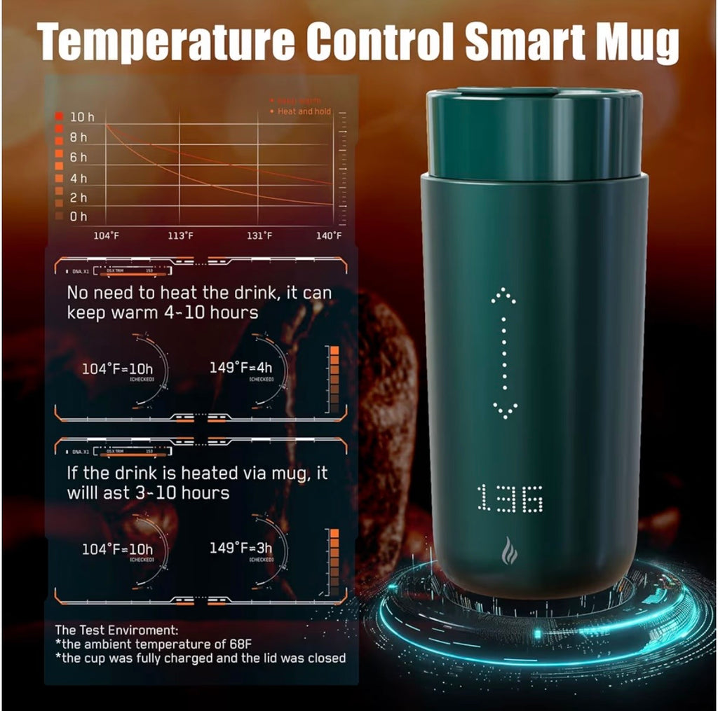 Temperature Control Heated Coffee Mug Smart Self Heating Travel Mug 12 Oz App Controlled Warmer Mug 4-10 Hour LED Display Keep Coffee Hot Fast Wireless Charger Base Jade Green