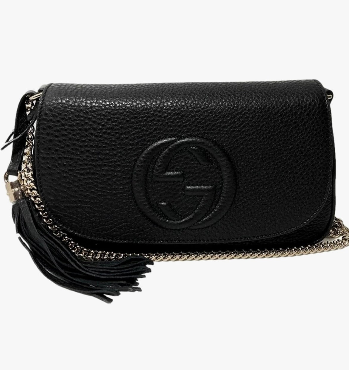 Gucci Soho Leather Flap Shoulder Bag Black Gold Tassel New Authentic