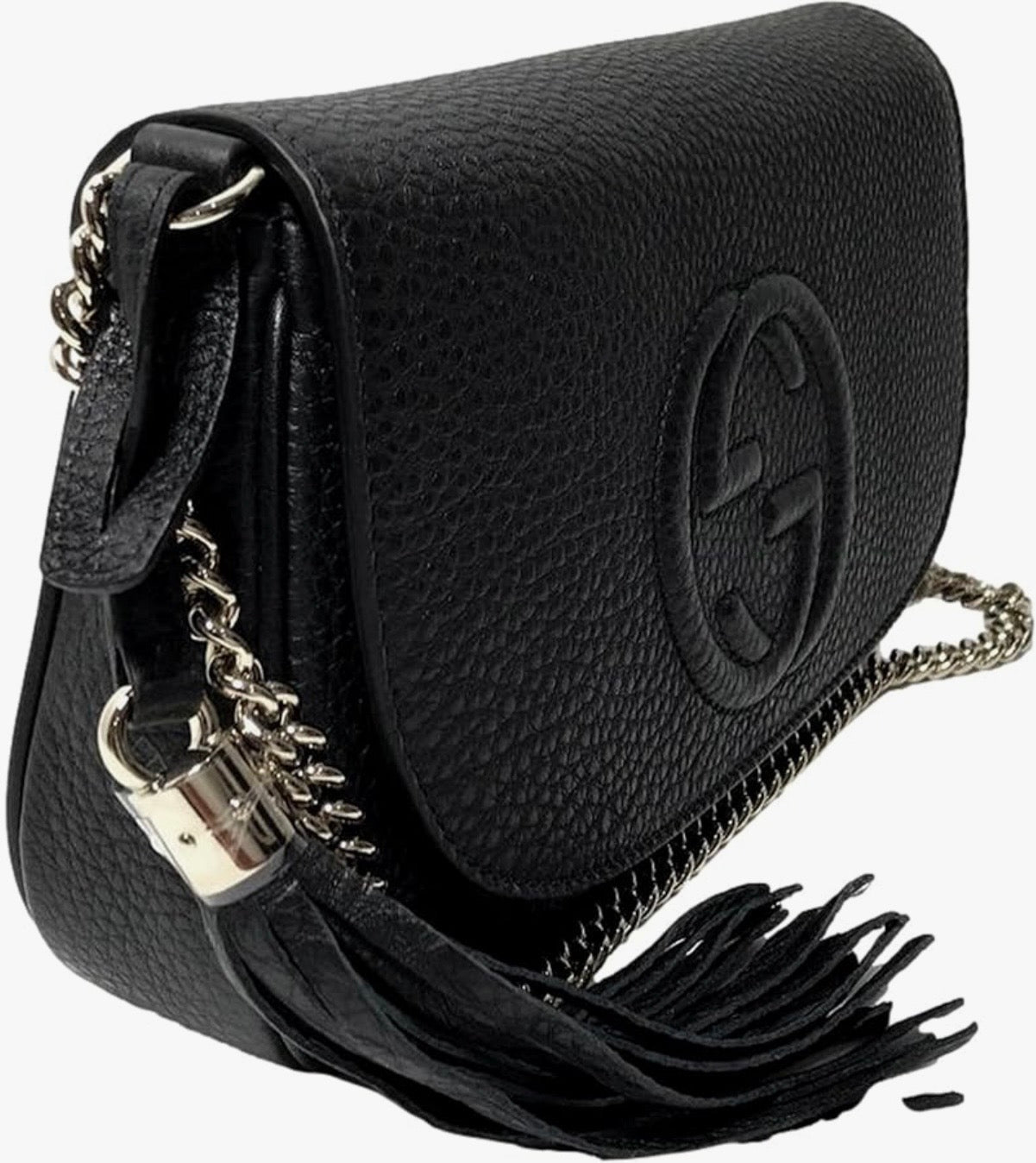 Gucci Soho Leather Flap Shoulder Bag Black Gold Tassel New Authentic
