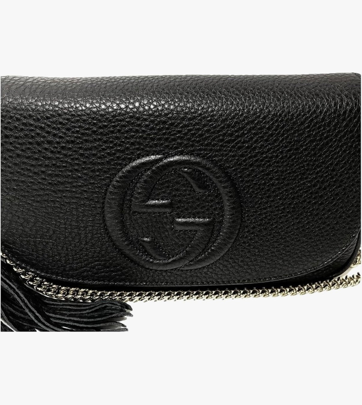 Gucci Soho Leather Flap Shoulder Bag Black Gold Tassel New Authentic
