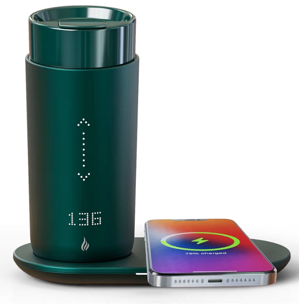Temperature Control Heated Coffee Mug Smart Self Heating Travel Mug 12 Oz App Controlled Warmer Mug 4-10 Hour LED Display Keep Coffee Hot Fast Wireless Charger Base Jade Green