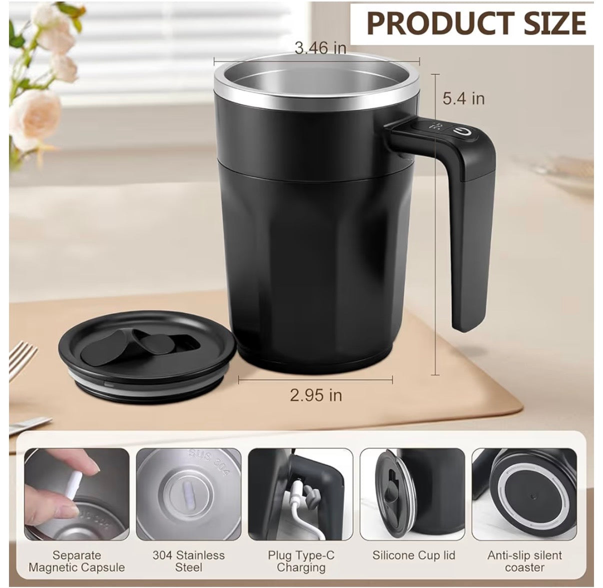 Smart Self Stirring Mug 12.17oz Rechargeable Automatic Magnetic Mixing Cup Waterproof Double Wall Insulated for Coffee/Tea/Matcha/Protein Black