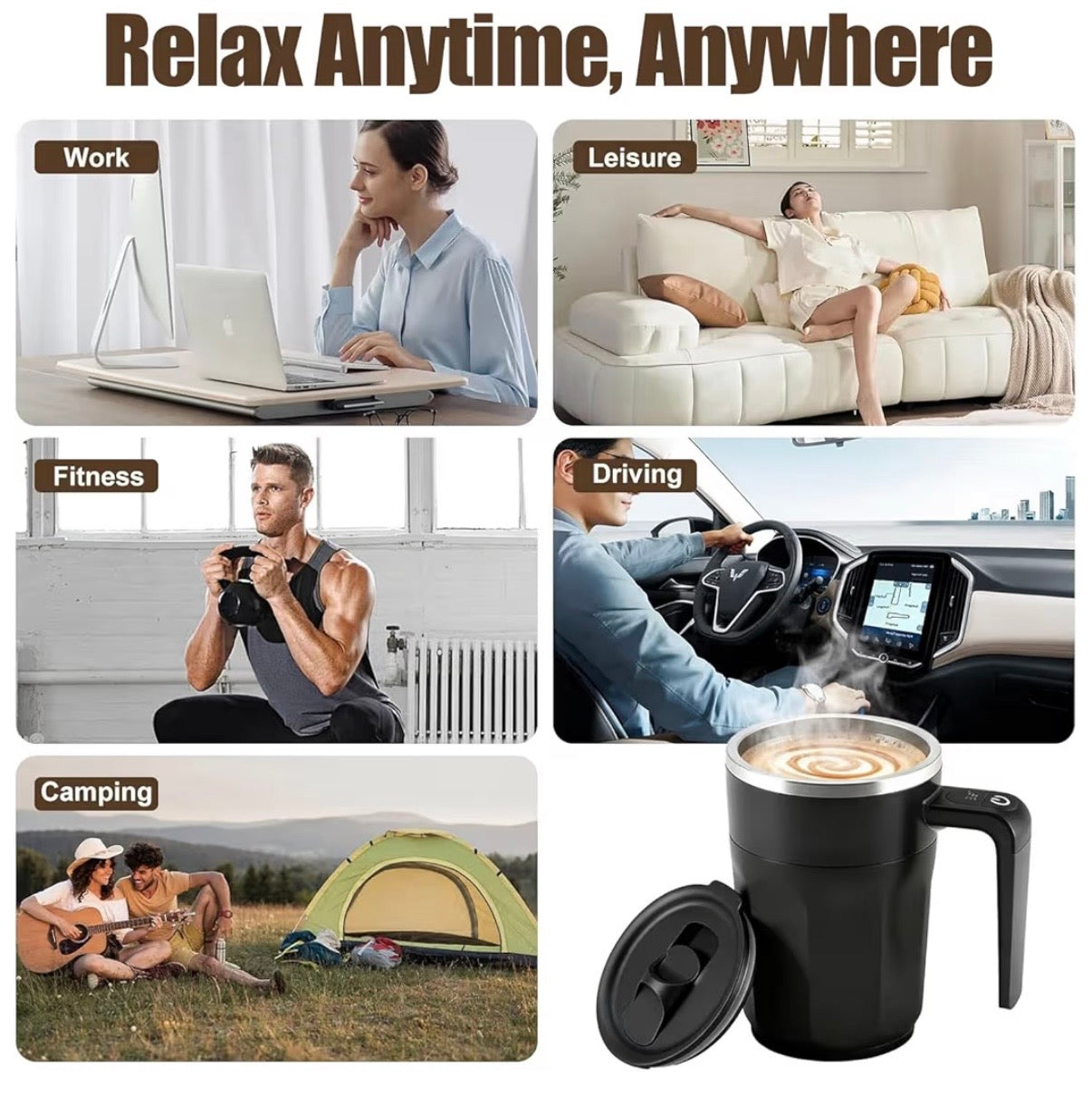 Smart Self Stirring Mug 12.17oz Rechargeable Automatic Magnetic Mixing Cup Waterproof Double Wall Insulated for Coffee/Tea/Matcha/Protein Black