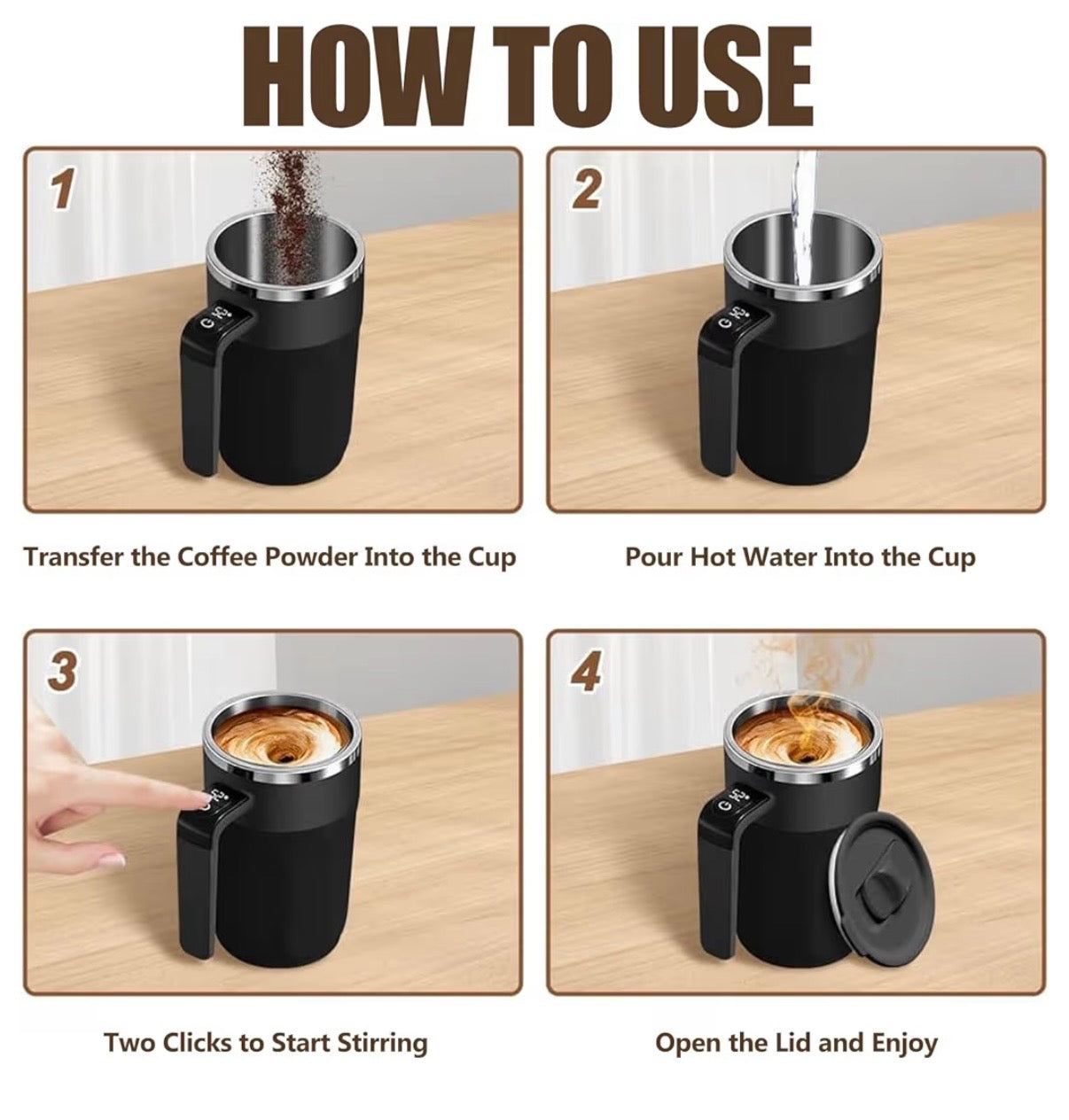Smart Self Stirring Mug 12.17oz Rechargeable Automatic Magnetic Mixing Cup Waterproof Double Wall Insulated for Coffee/Tea/Matcha/Protein Black