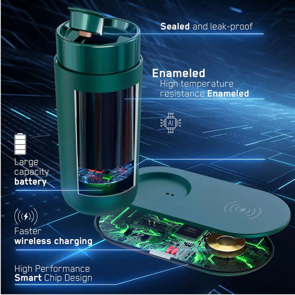 Temperature Control Heated Coffee Mug Smart Self Heating Travel Mug 12 Oz App Controlled Warmer Mug 4-10 Hour LED Display Keep Coffee Hot Fast Wireless Charger Base Jade Green