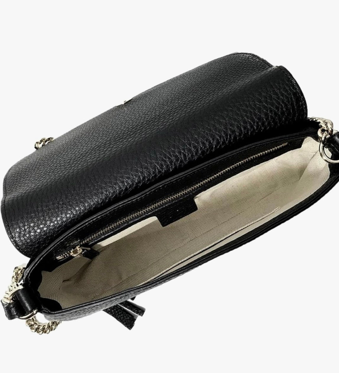 Gucci Soho Leather Flap Shoulder Bag Black Gold Tassel New Authentic